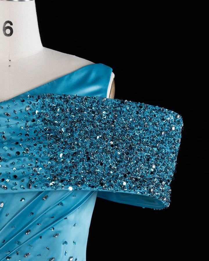 Blue One-Shoulder Beaded Satin A-Line Evening Gown XD043