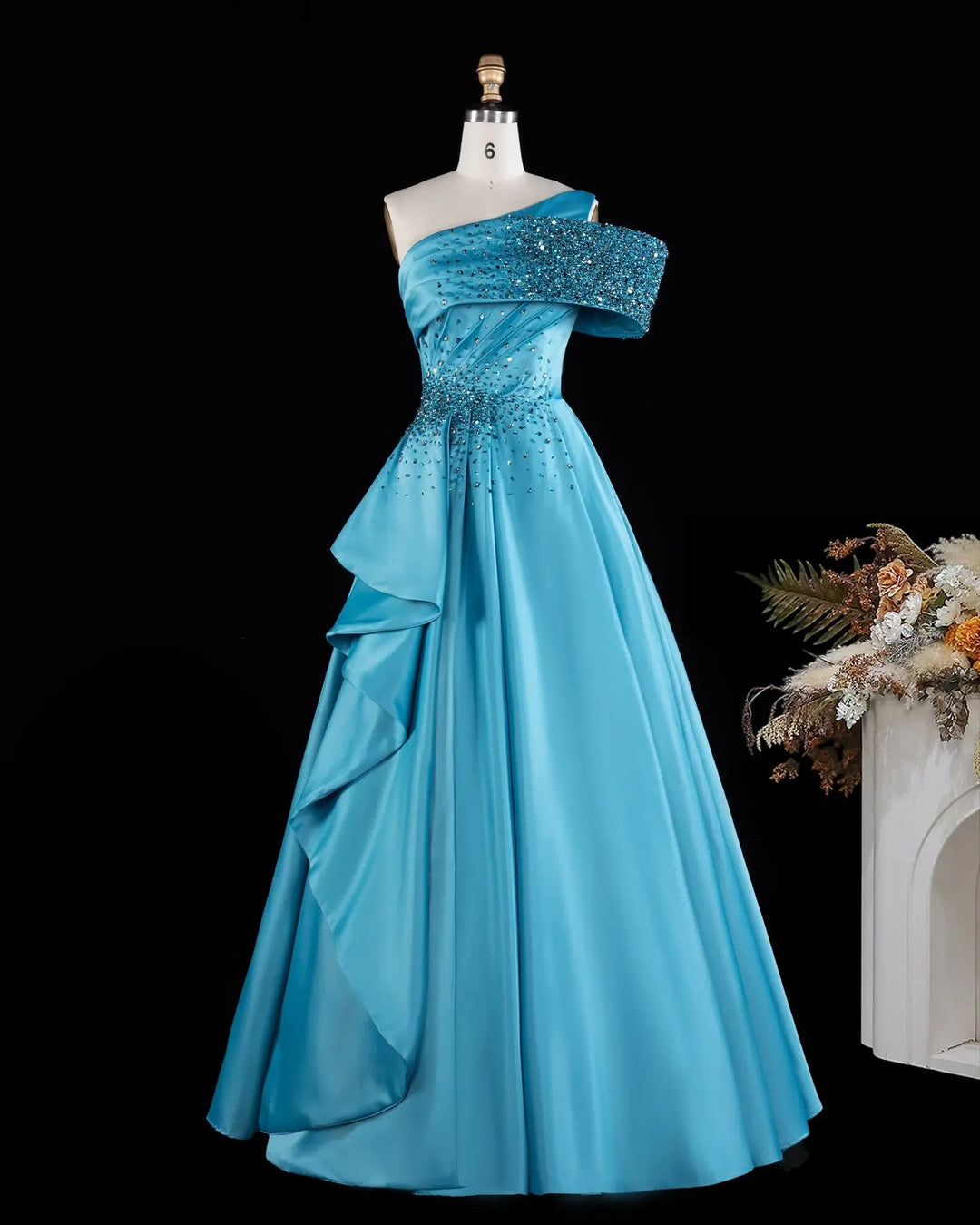 Blue One-Shoulder Beaded Satin A-Line Evening Gown XD043