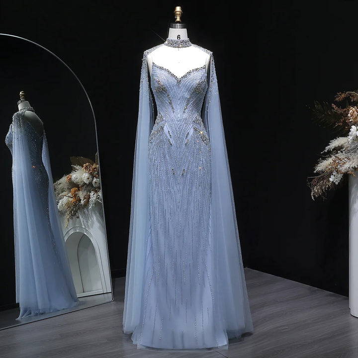 Luxury Blue Crystal Beaded Spaghetti Strap Evening Gown with Cape SS151