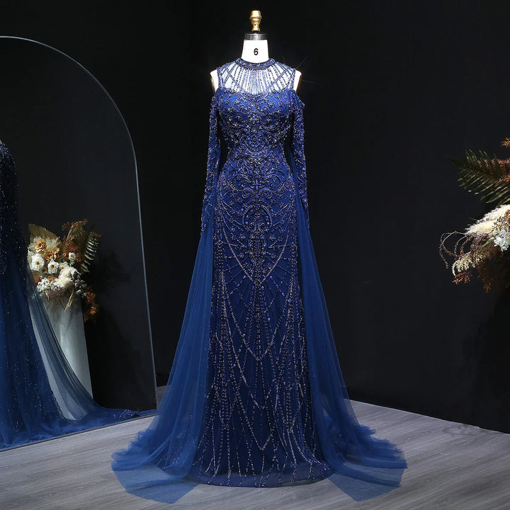 Elegant Navy Blue Off Shoulder Cape Sleeves Evening Dress SS111