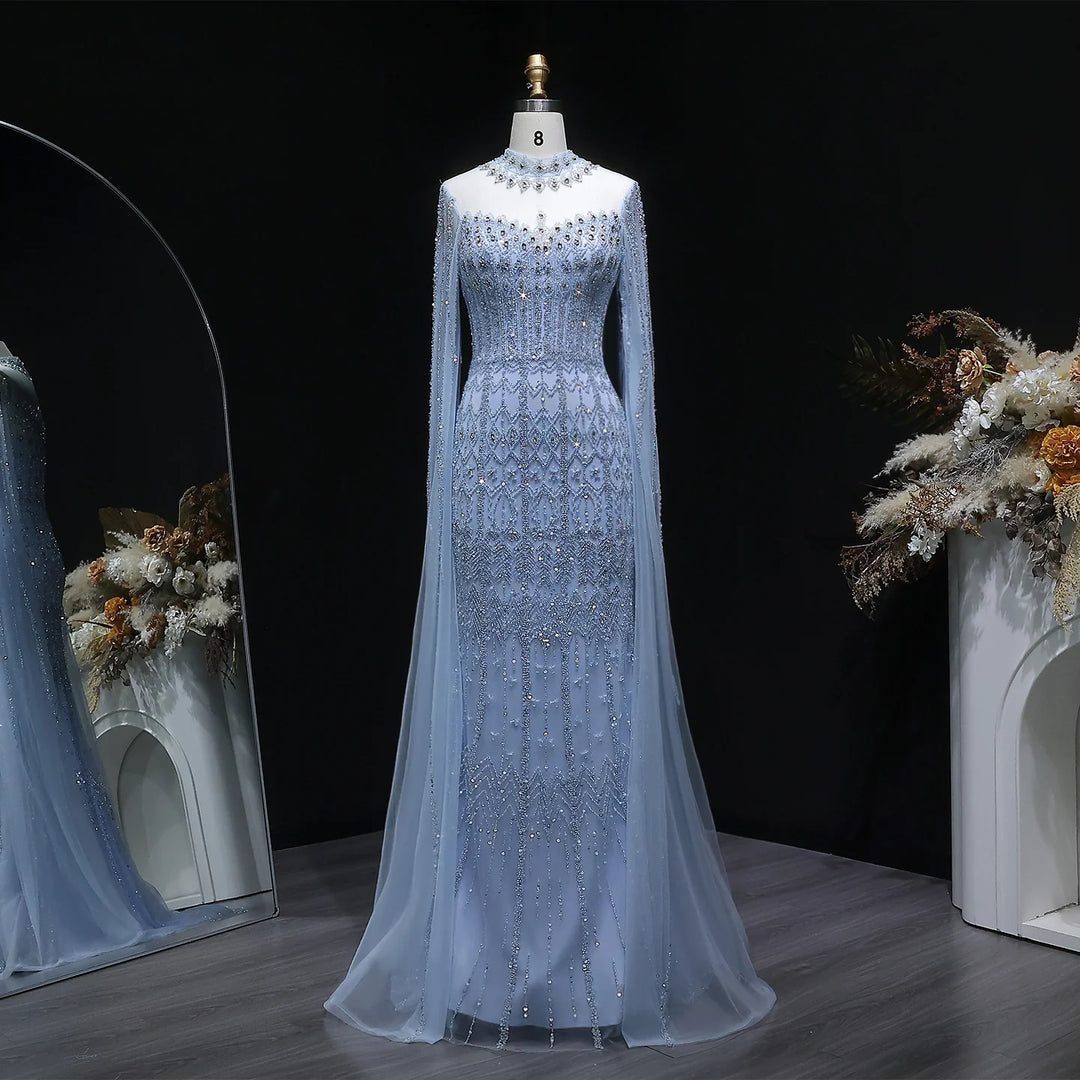 Luxury Sequin Beaded Cape Sleeve Evening Gown SS150