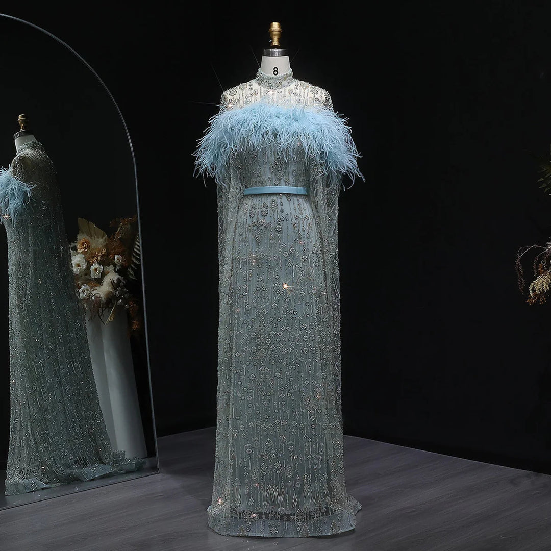 Elegant Dubai Style Blue Evening Dress with Beads and Feathers SS665