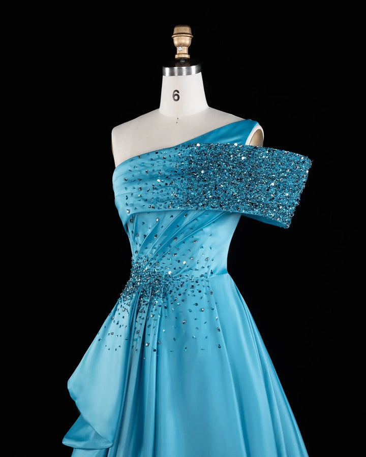 Blue One-Shoulder Beaded Satin A-Line Evening Gown XD043