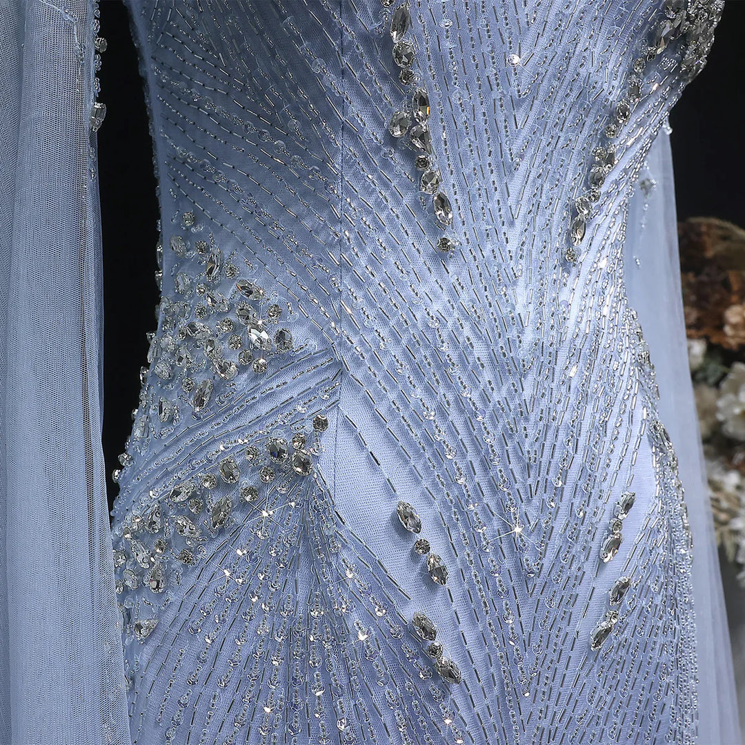 Luxury Blue Crystal Beaded Spaghetti Strap Evening Gown with Cape SS151