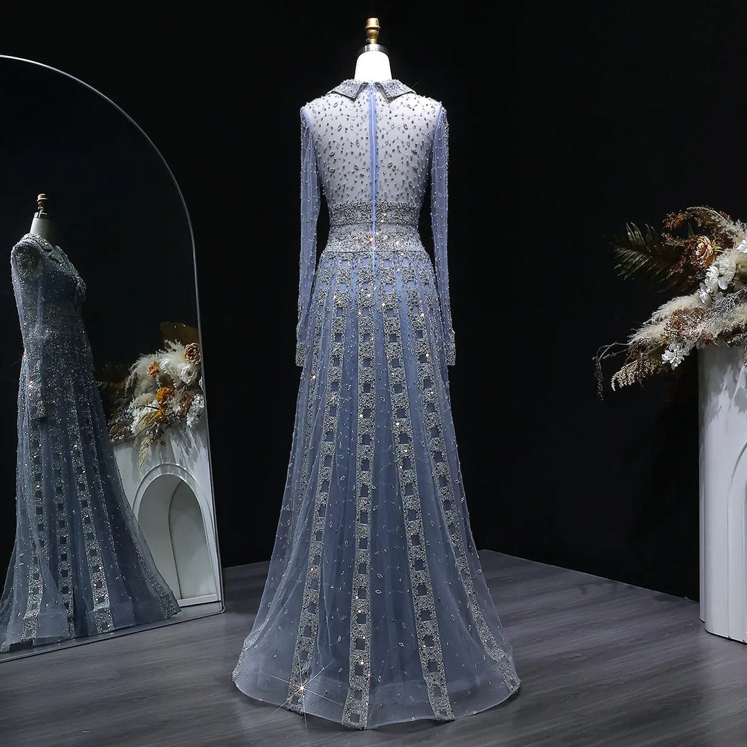 Luxury Champagne Gold Sequin Long Sleeve Evening Gown with Sheer Tulle Overlay SS149