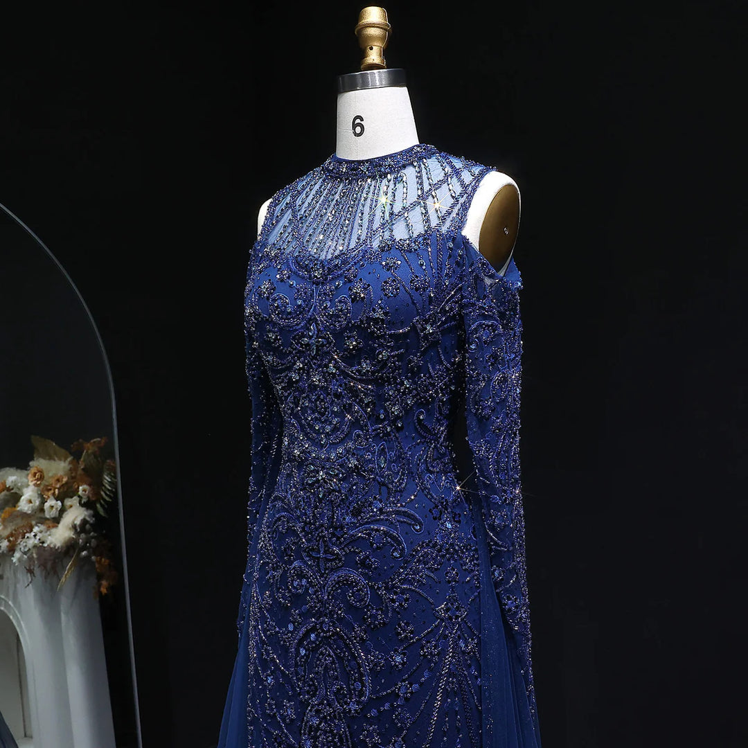 Elegant Navy Blue Off Shoulder Cape Sleeves Evening Dress SS111