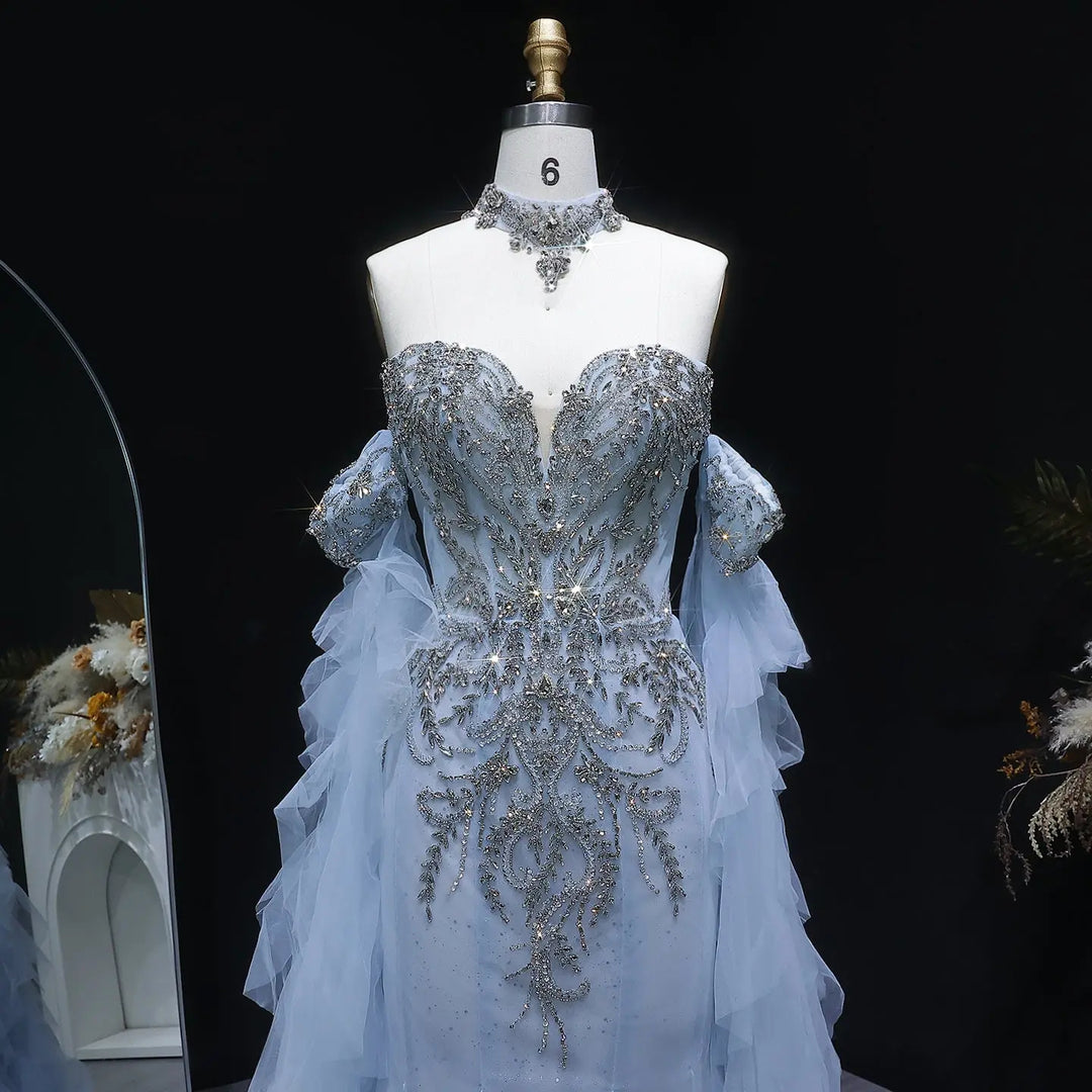 Luxury Blue Crystal Embellished Tulle Evening Dress with Ruffled Cape SS723