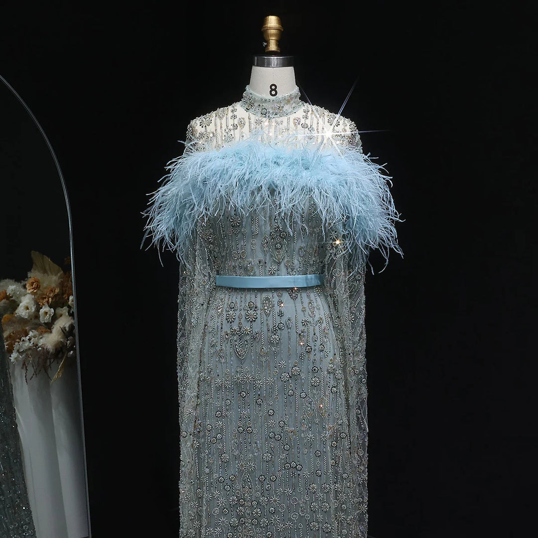 Elegant Dubai Style Blue Evening Dress with Beads and Feathers SS665