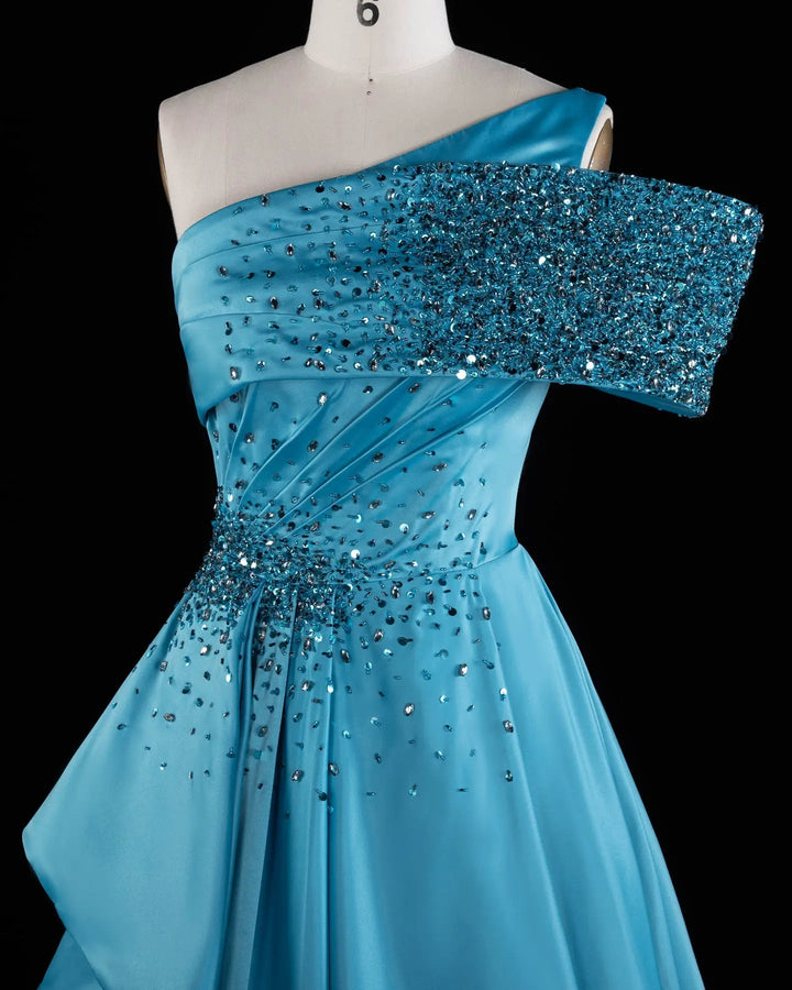 Blue One-Shoulder Beaded Satin A-Line Evening Gown XD043