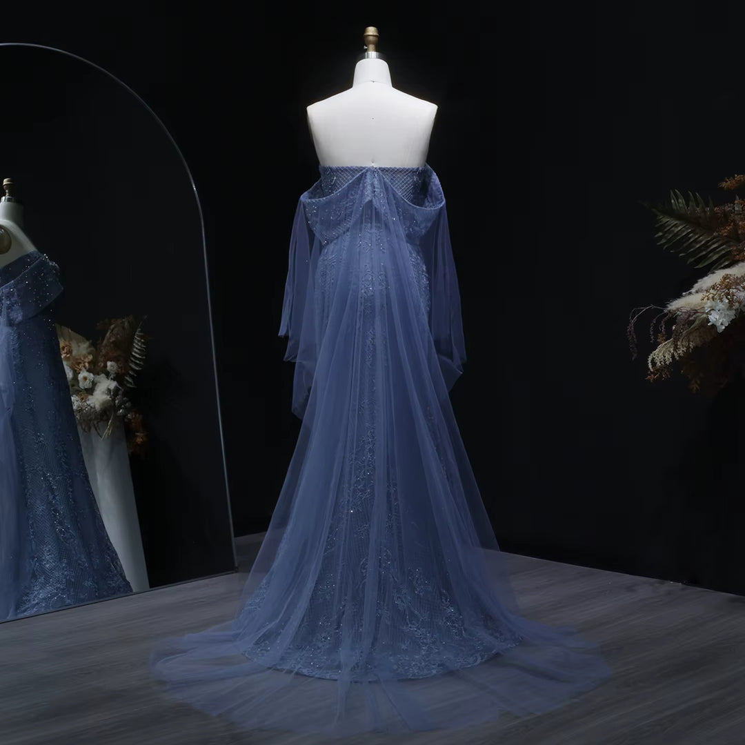 Luxury Blue Beaded Off Shoulder Evening Dress SS083