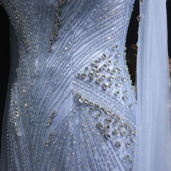 Luxury Blue Crystal Beaded Spaghetti Strap Evening Gown with Cape SS151