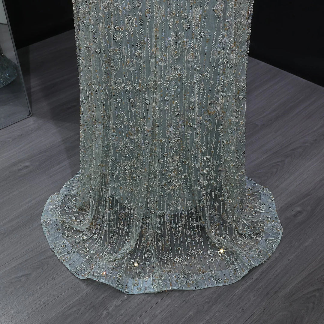 Elegant Dubai Style Blue Evening Dress with Beads and Feathers SS665