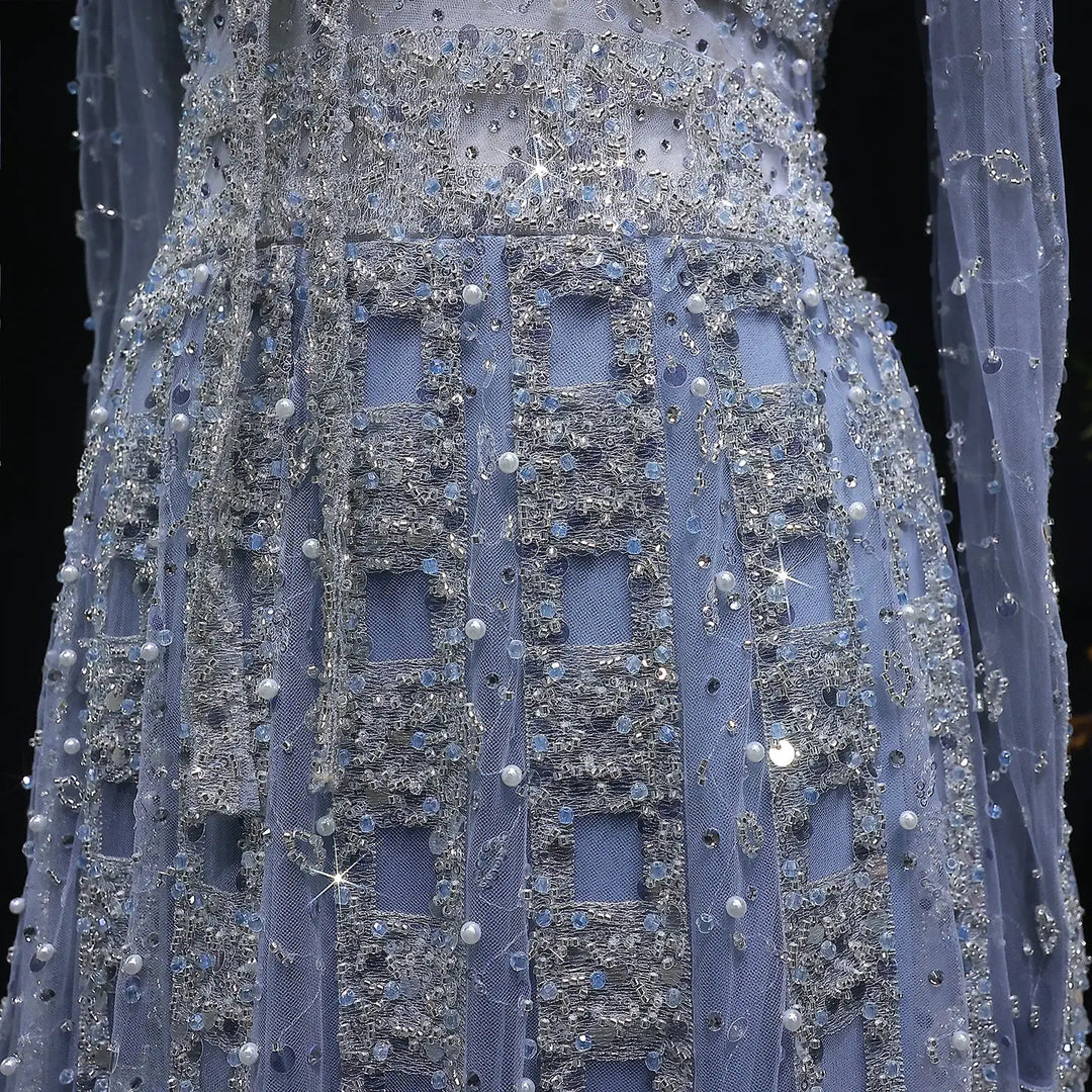 Luxury Champagne Gold Sequin Long Sleeve Evening Gown with Sheer Tulle Overlay SS149