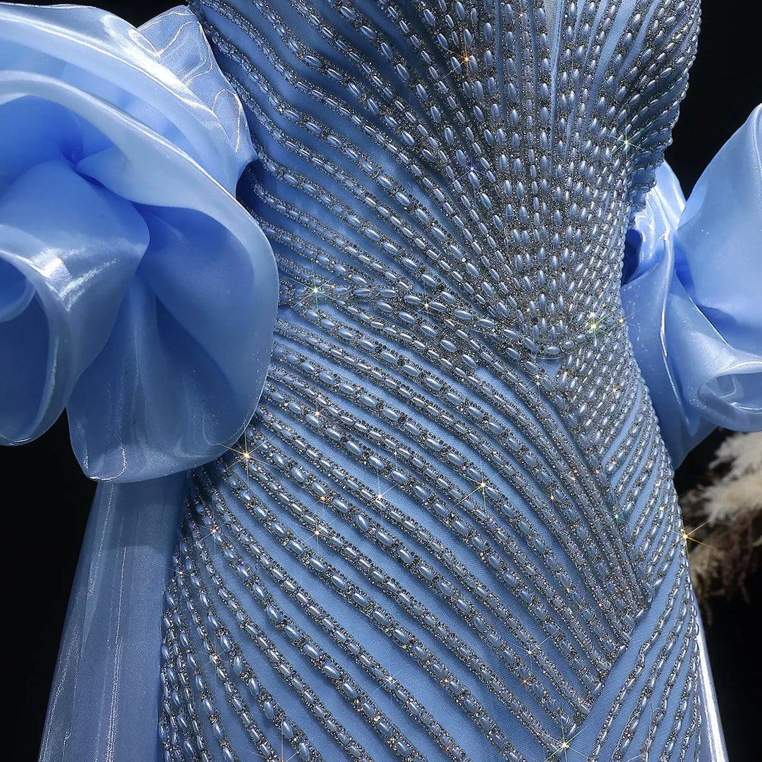 Elegent Blue Beaded One-Shoulder Evening Dress with Flowing Cape SS016