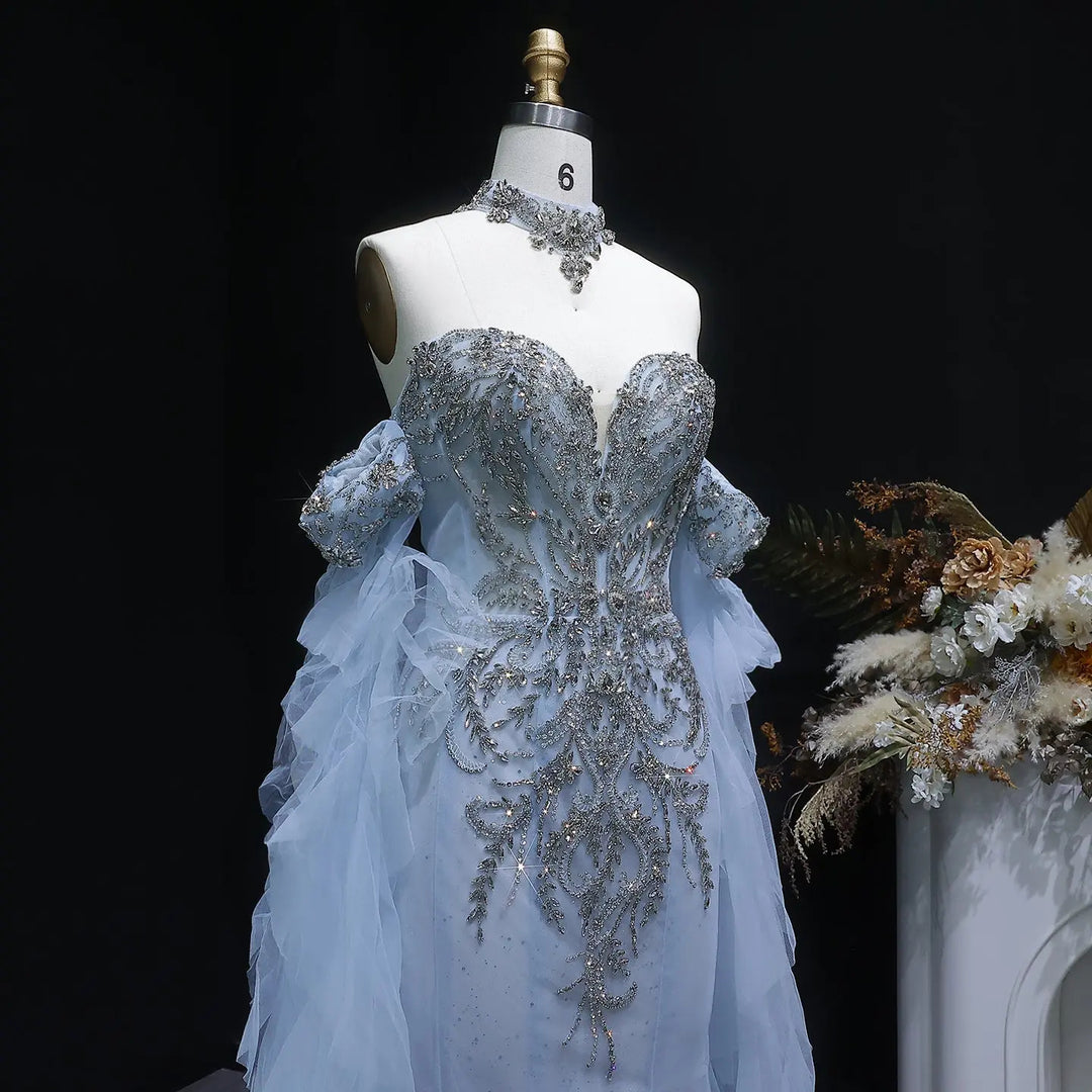 Luxury Blue Crystal Embellished Tulle Evening Dress with Ruffled Cape SS723