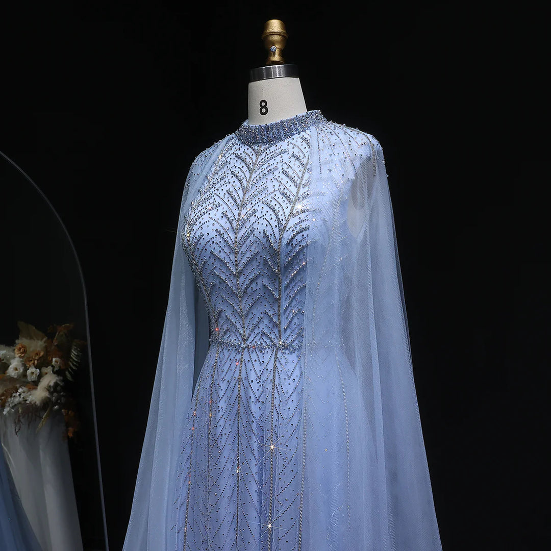 Luxury Off-Shoulder Beaded Gown with Cape Evening Dress SS074