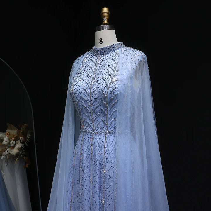 Luxury Off-Shoulder Beaded Gown with Cape Evening Dress SS074