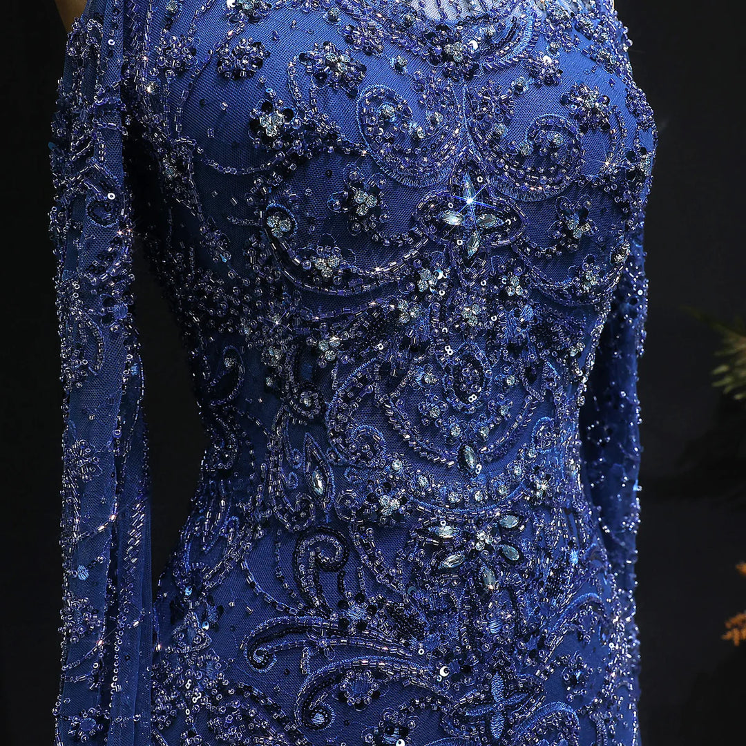 Elegant Navy Blue Off Shoulder Cape Sleeves Evening Dress SS111