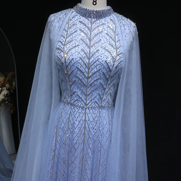 Luxury Off-Shoulder Beaded Gown with Cape Evening Dress SS074