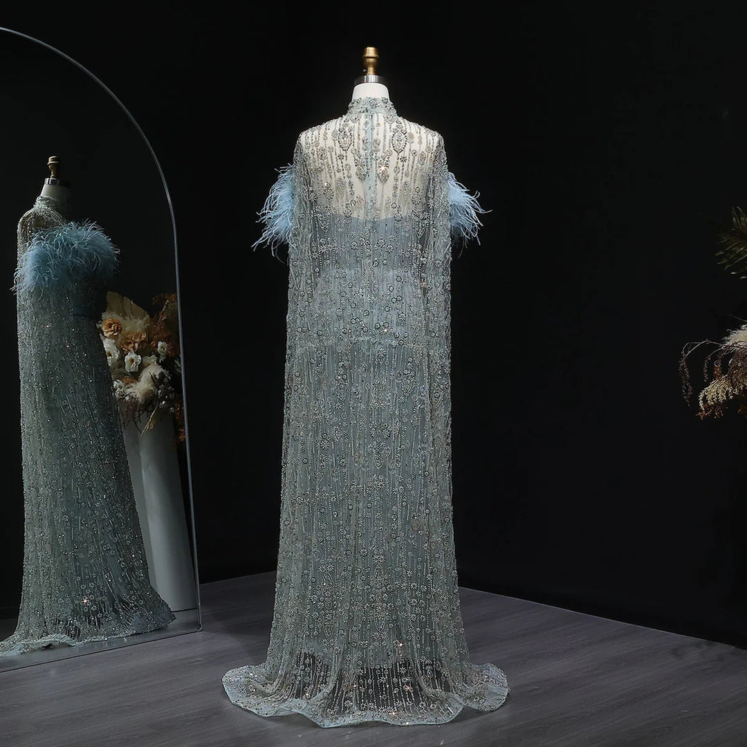 Elegant Dubai Style Blue Evening Dress with Beads and Feathers SS665