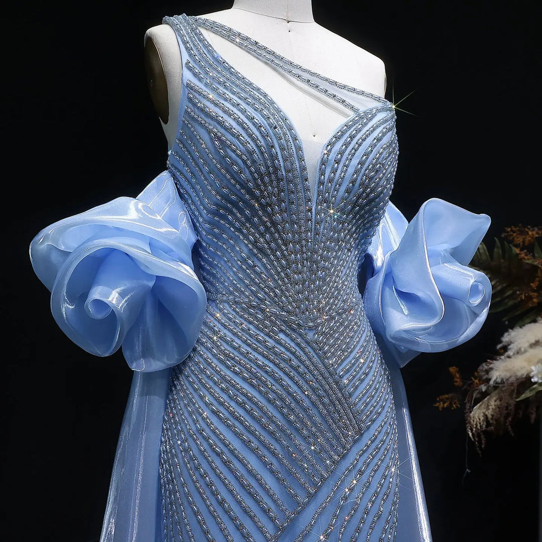 Elegent Blue Beaded One-Shoulder Evening Dress with Flowing Cape SS016