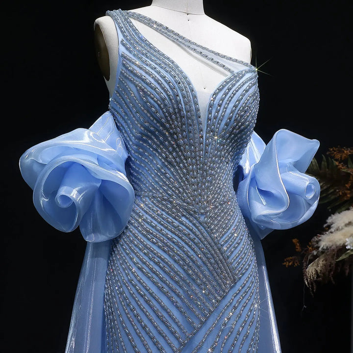 Elegent Blue Beaded One-Shoulder Evening Dress with Flowing Cape SS016