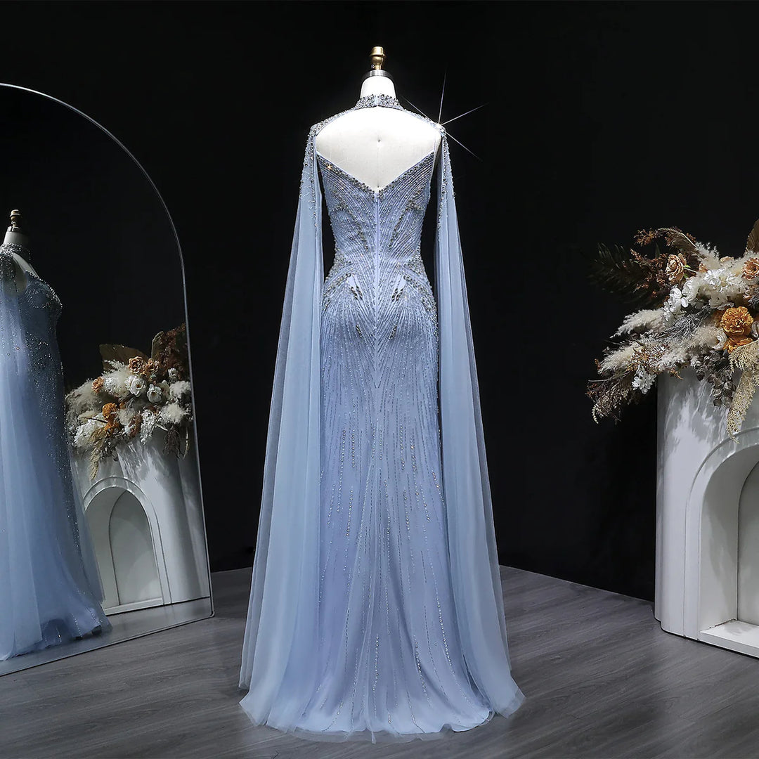 Luxury Blue Crystal Beaded Spaghetti Strap Evening Gown with Cape SS151
