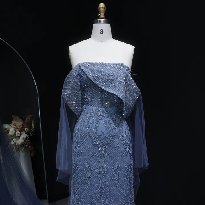 Luxury Blue Beaded Off Shoulder Evening Dress SS083