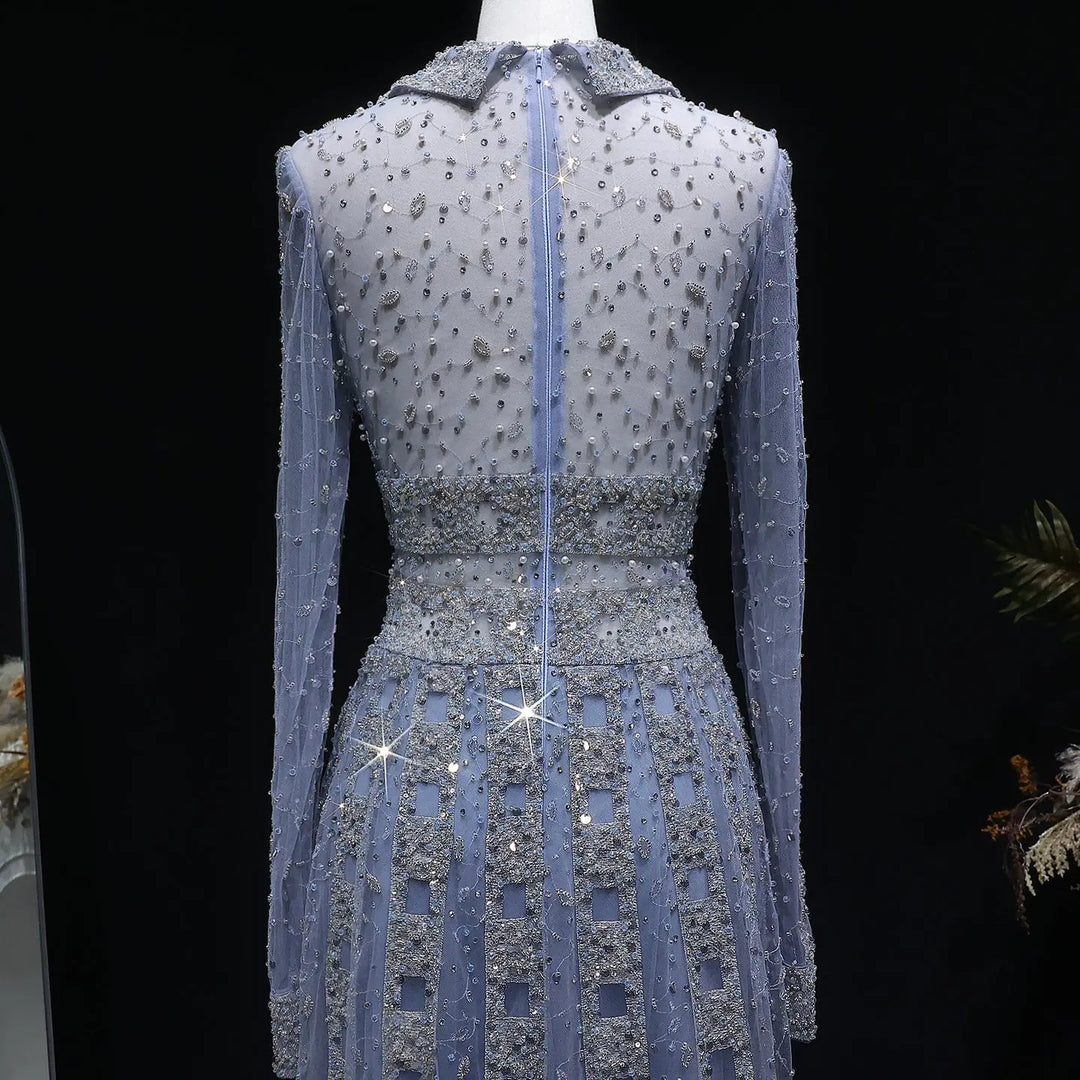 Luxury Champagne Gold Sequin Long Sleeve Evening Gown with Sheer Tulle Overlay SS149