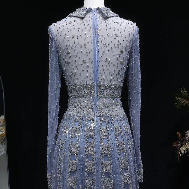 Luxury Champagne Gold Sequin Long Sleeve Evening Gown with Sheer Tulle Overlay SS149