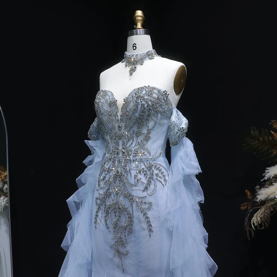 Luxury Blue Crystal Embellished Tulle Evening Dress with Ruffled Cape SS723