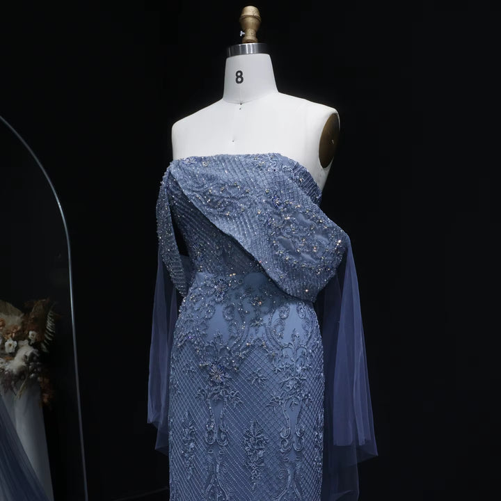 Luxury Blue Beaded Off Shoulder Evening Dress SS083