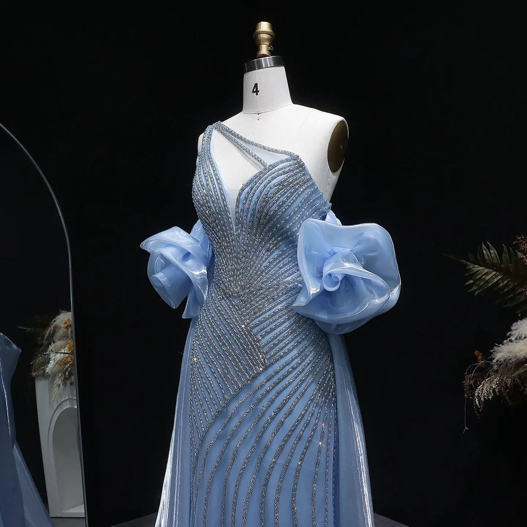 Elegent Blue Beaded One-Shoulder Evening Dress with Flowing Cape SS016