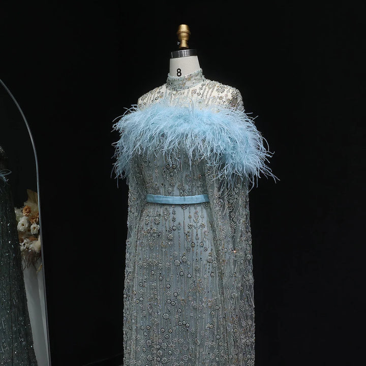 Elegant Dubai Style Blue Evening Dress with Beads and Feathers SS665