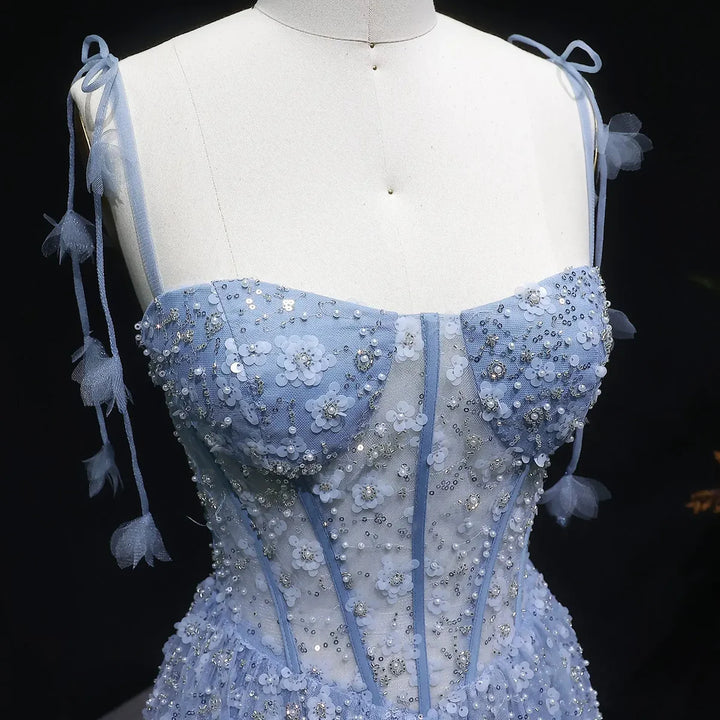 Delicate Pink 3D Floral Spaghetti Evening Dress SS701