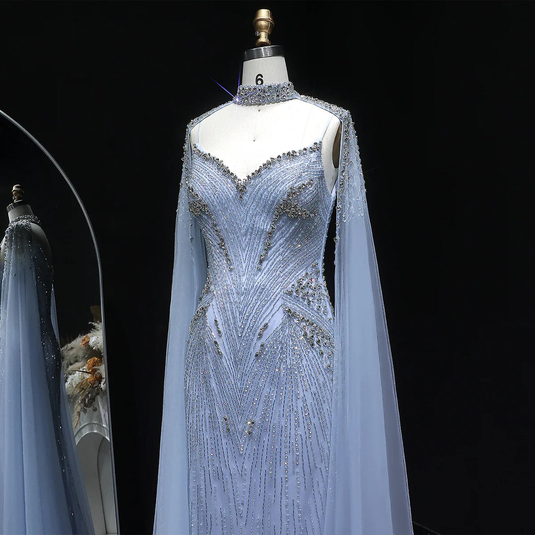 Luxury Blue Crystal Beaded Spaghetti Strap Evening Gown with Cape SS151