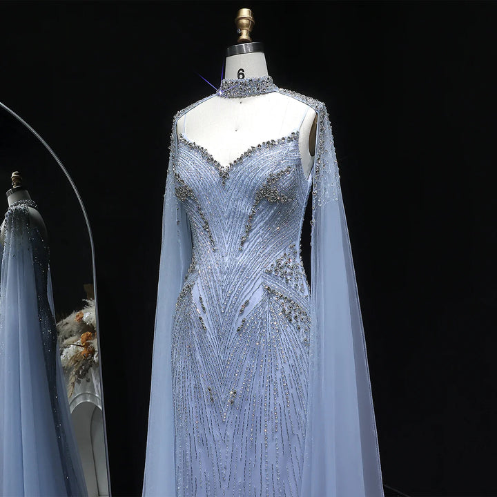Luxury Blue Crystal Beaded Spaghetti Strap Evening Gown with Cape SS151