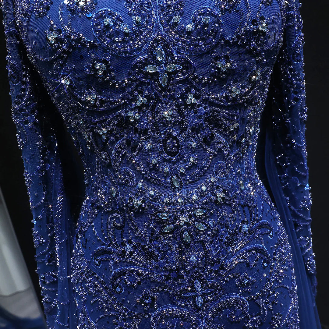 Elegant Navy Blue Off Shoulder Cape Sleeves Evening Dress SS111