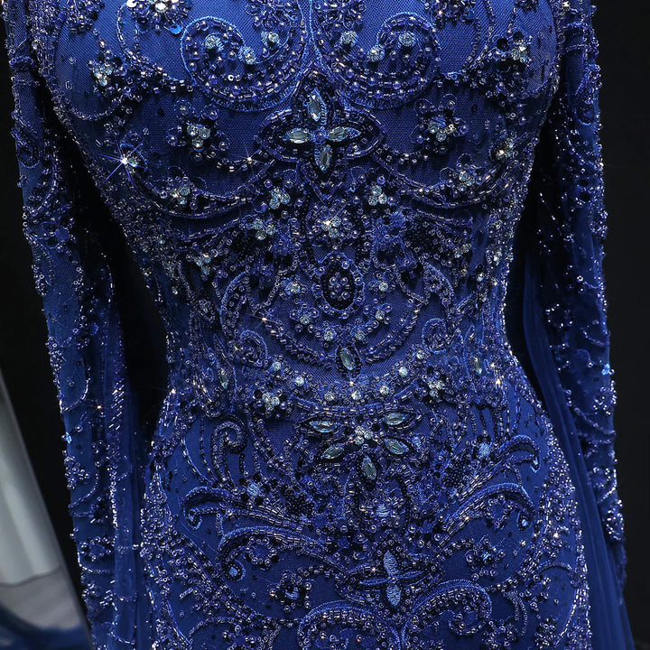 Elegant Navy Blue Off Shoulder Cape Sleeves Evening Dress SS111