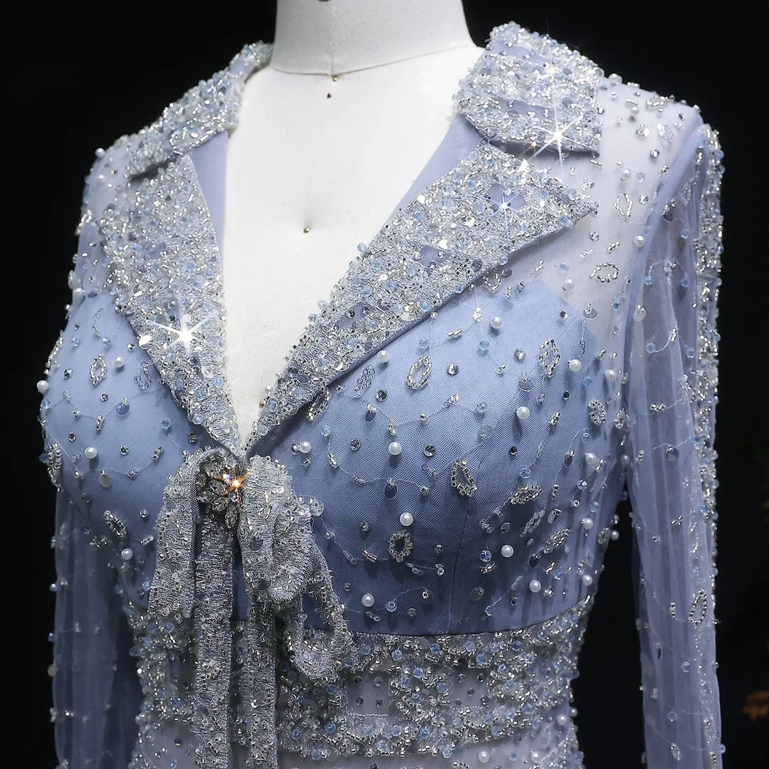 Luxury Champagne Gold Sequin Long Sleeve Evening Gown with Sheer Tulle Overlay SS149