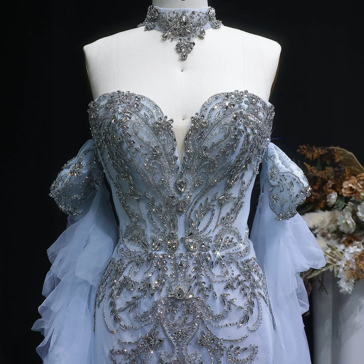 Luxury Blue Crystal Embellished Tulle Evening Dress with Ruffled Cape SS723