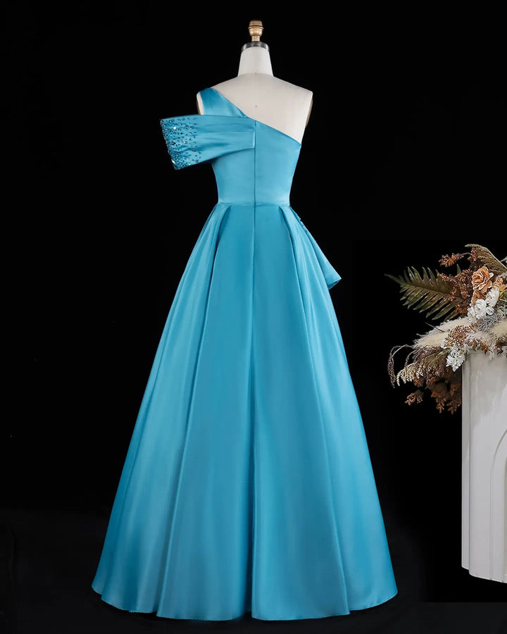 Blue One-Shoulder Beaded Satin A-Line Evening Gown XD043
