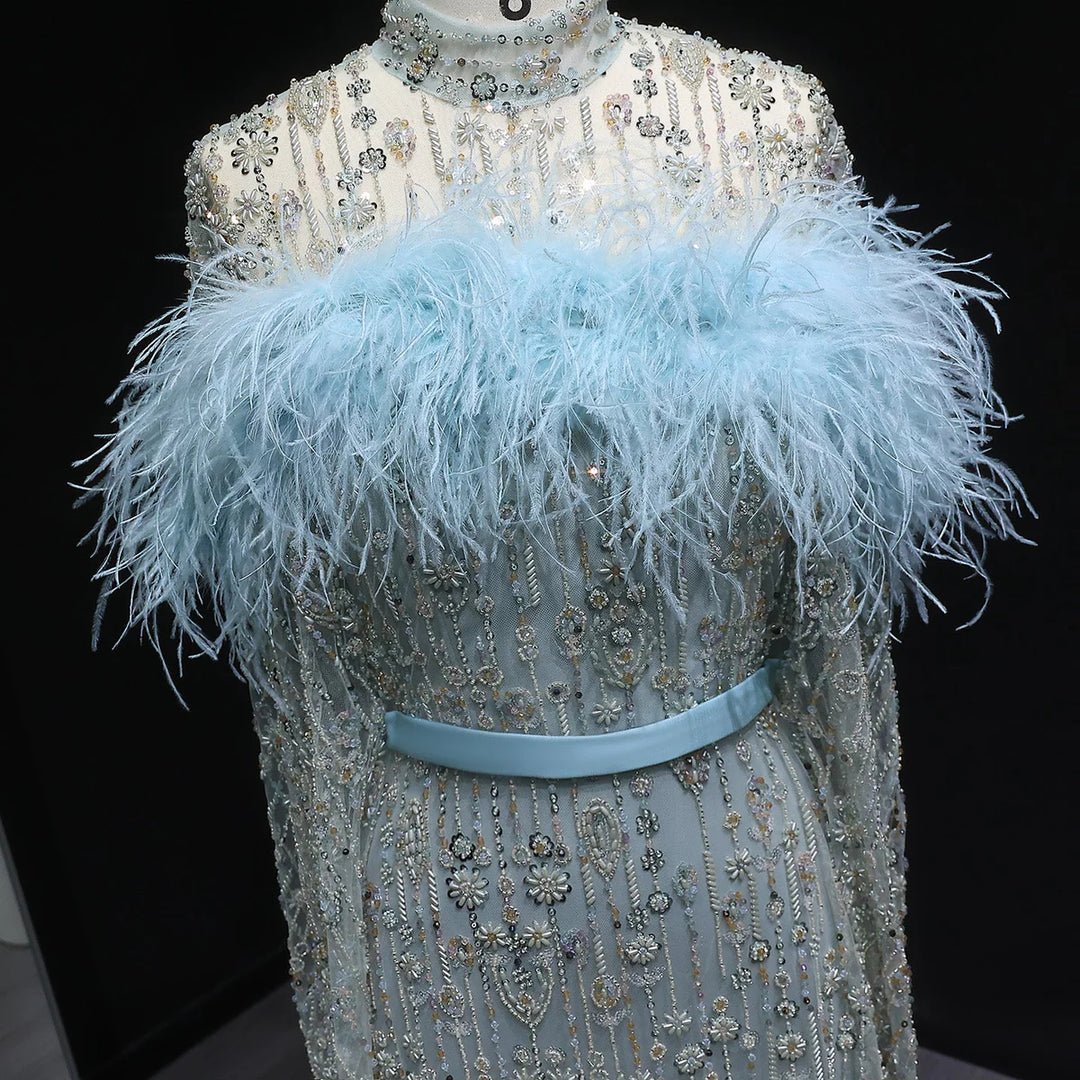 Elegant Dubai Style Blue Evening Dress with Beads and Feathers SS665