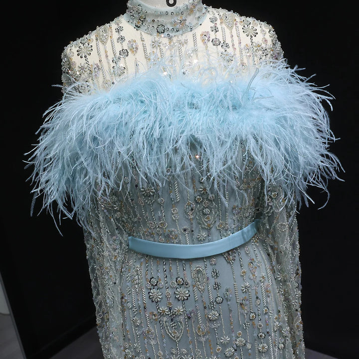 Elegant Dubai Style Blue Evening Dress with Beads and Feathers SS665