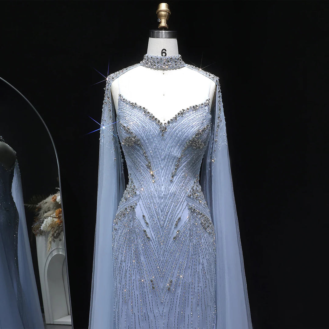Luxury Blue Crystal Beaded Spaghetti Strap Evening Gown with Cape SS151