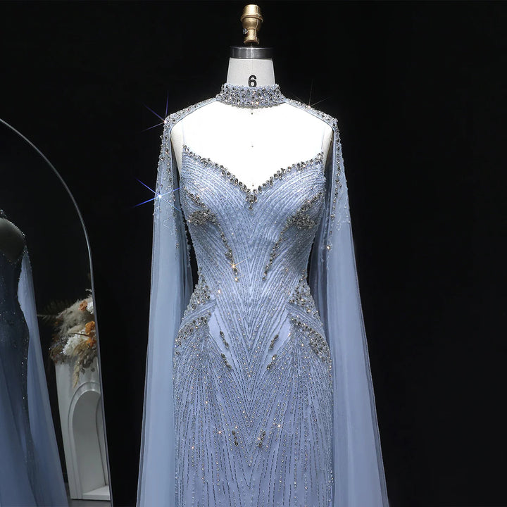Luxury Blue Crystal Beaded Spaghetti Strap Evening Gown with Cape SS151