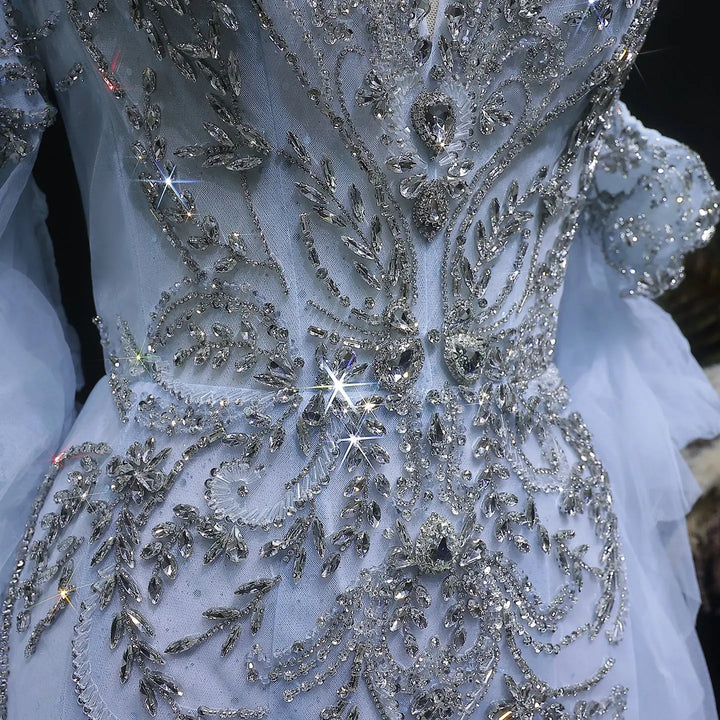 Luxury Blue Crystal Embellished Tulle Evening Dress with Ruffled Cape SS723