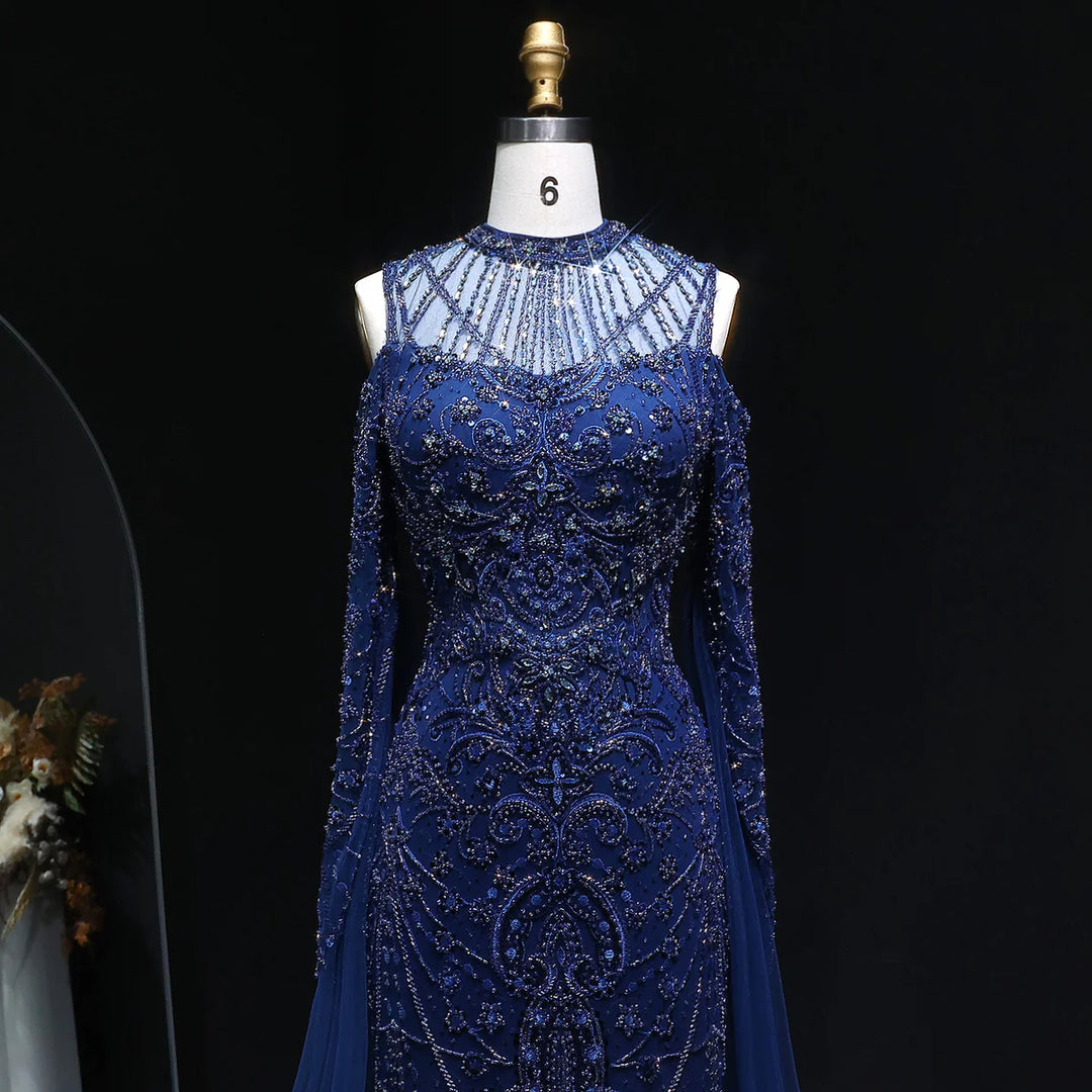 Elegant Navy Blue Off Shoulder Cape Sleeves Evening Dress SS111