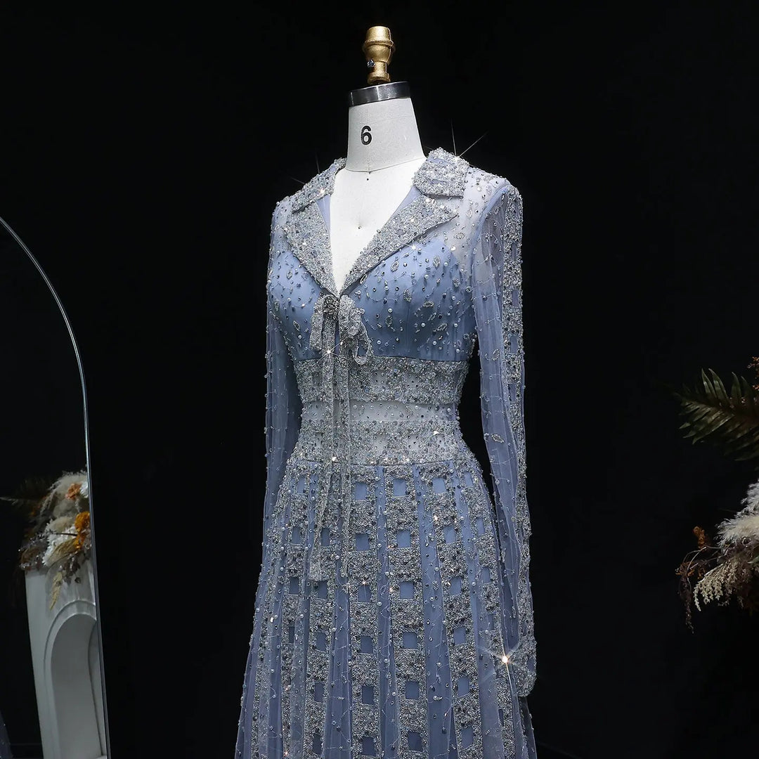 Luxury Champagne Gold Sequin Long Sleeve Evening Gown with Sheer Tulle Overlay SS149