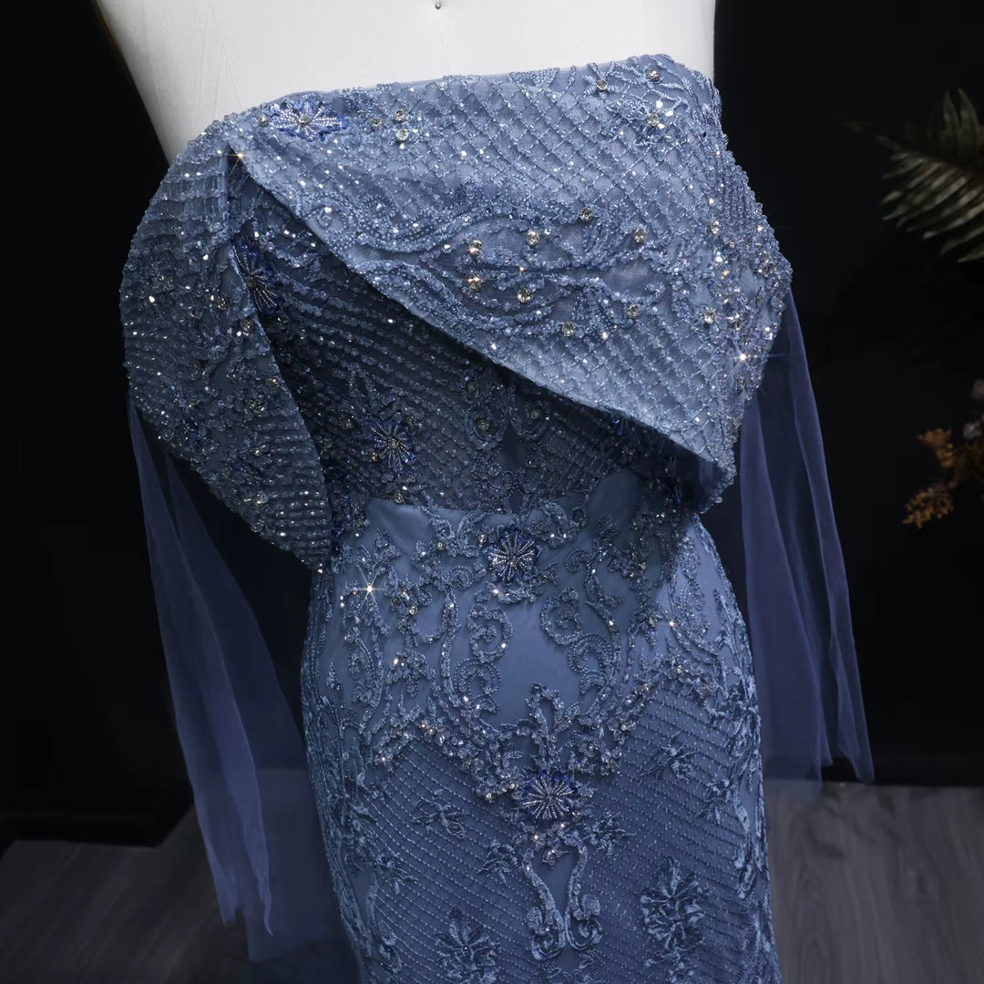 Luxury Blue Beaded Off Shoulder Evening Dress SS083